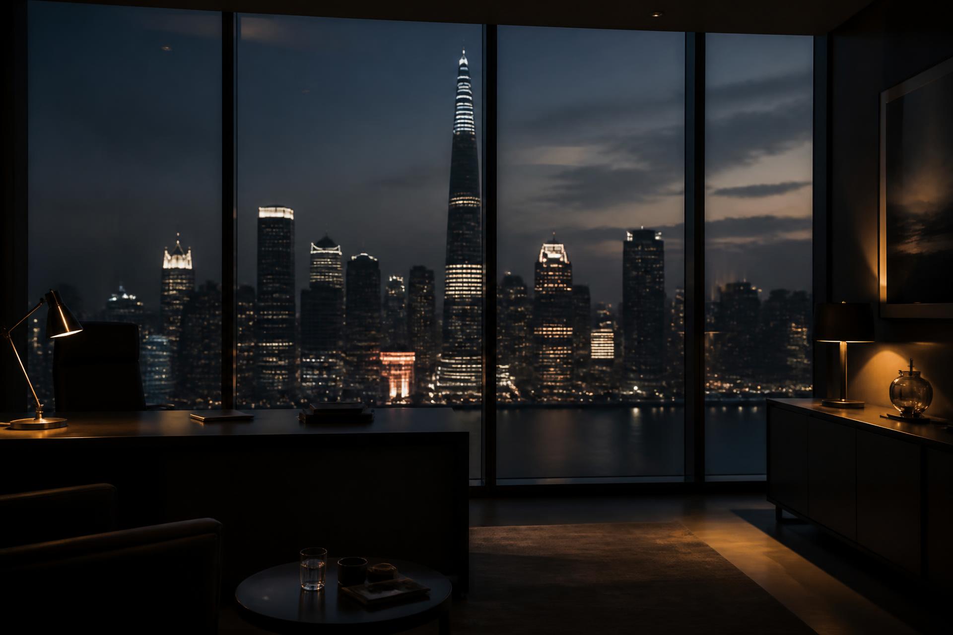 Private executive suite overlooking an international city skyline at dusk